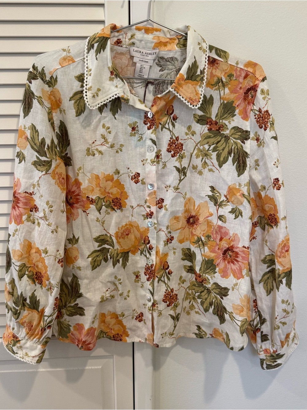 Laura Ashley Linen White Floral Button-Up Blouse with Peach & Green Accents